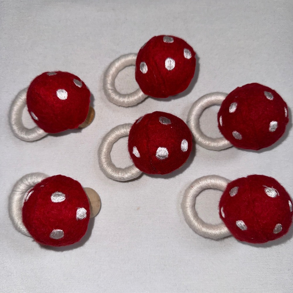 Set of 6 Red Mushroom Napkin Rings Felt Wood Woodland Cottagecore Table Decor